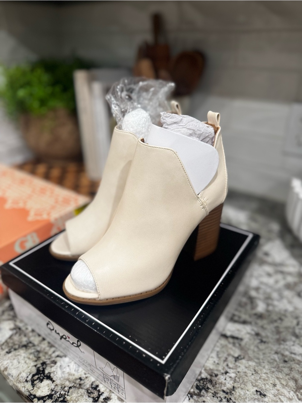 Women's Cream Peep-Toe Block Heel Booties
